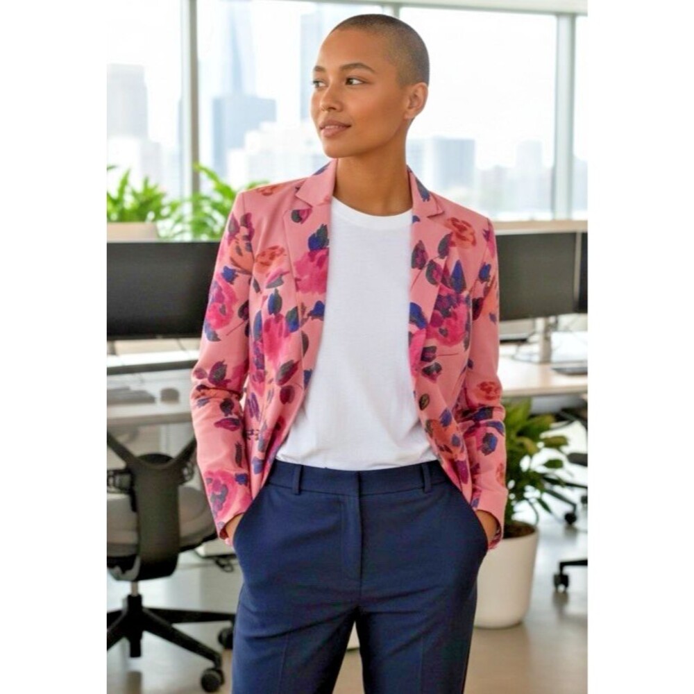 CAbi NWOT Long Sleeve Button Front Pink Purple Florals Jacket Blazer Size 2
